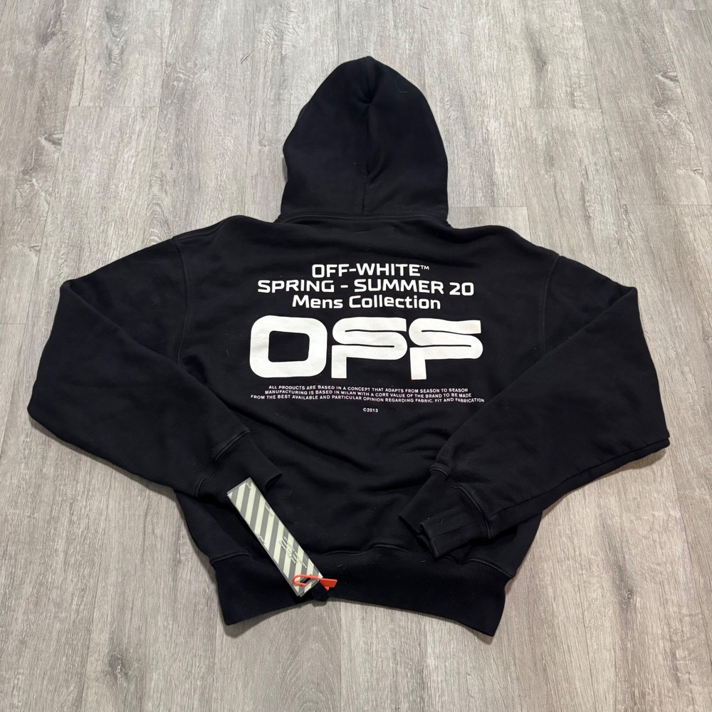 Off-White SS20 Mens Collection Black Hoodie Virgil Abloh Logo Pullover Size XS
